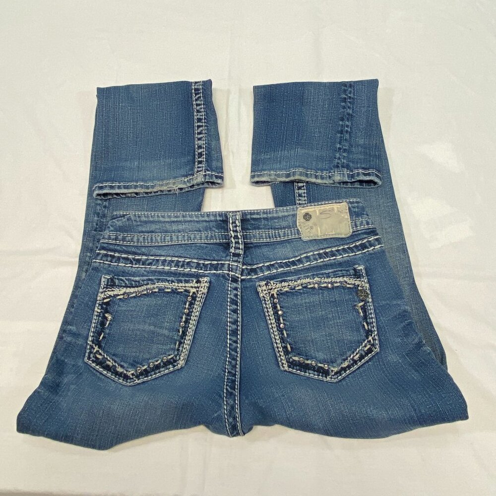 Silver Suki Faded Distressed Boot Cut Denim Jeans 27 Embroidered Jeweled - Picture 9 of 15